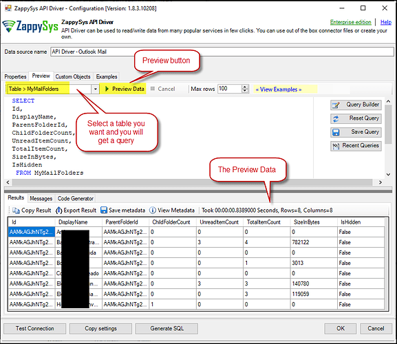 Outlook data preview