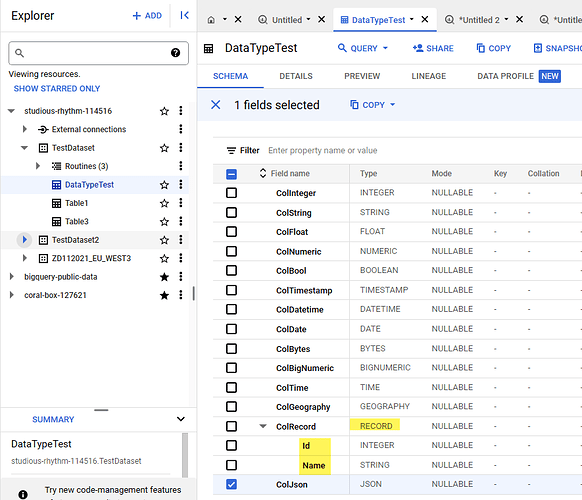 Google BigQuery Edit Schema - Complex datatypes such as ARRAY / RECORD, JSON, GEGRAPHY