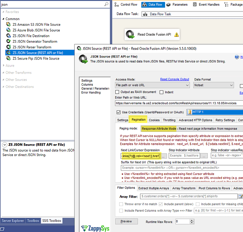 Read Oracle Fusion ERP Data in SSIS using ZappySys JSON Source - JSON ...