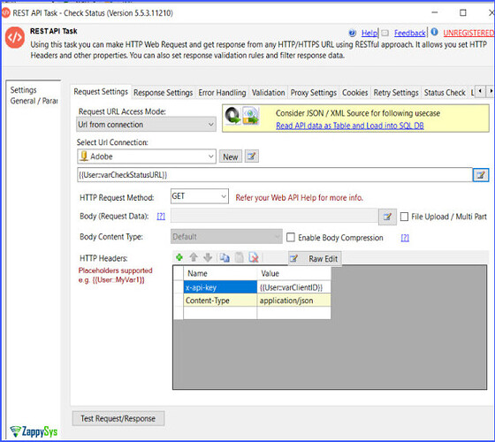 Check Status - Request Settings tab