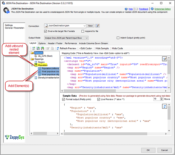 JSON destination example