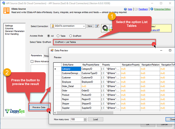 OData connector - List table