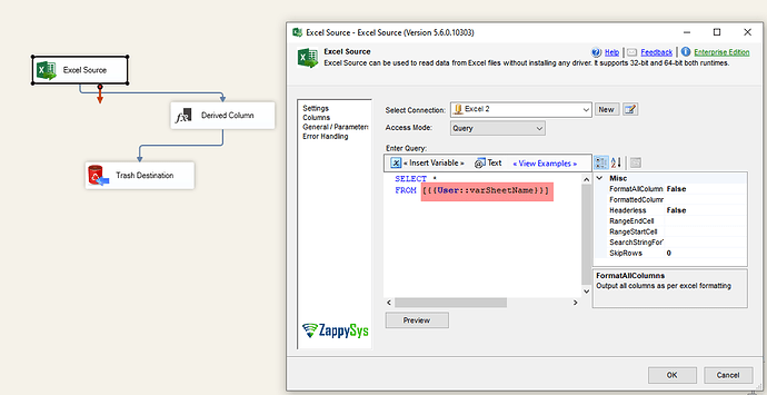 Excel Source - Select Query mode, Enter Query, Insert Variable - select varSheetName SSIS variable