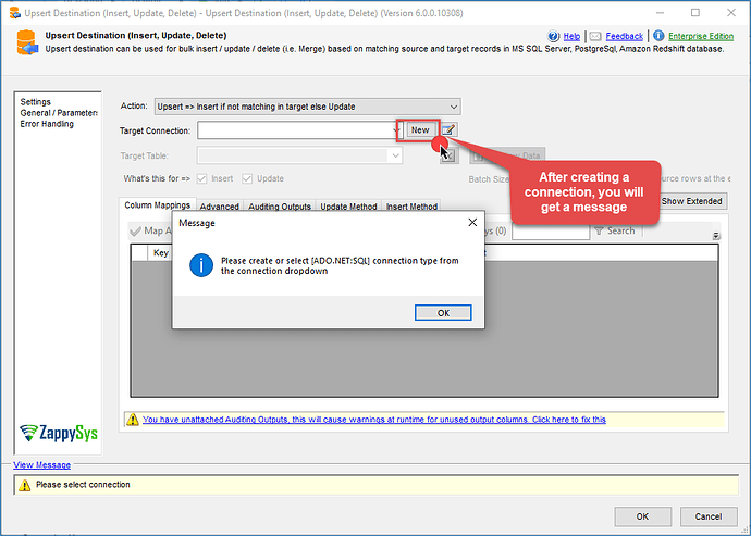 Upsert destination - connection error message