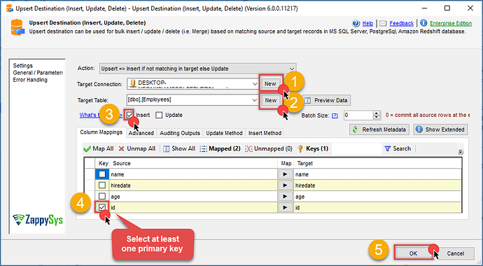 Configurate the Upsert destination