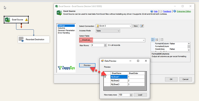 Excel Source configuration to retrieve SheetNames