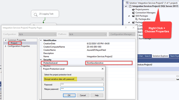Change SSIS project protection level