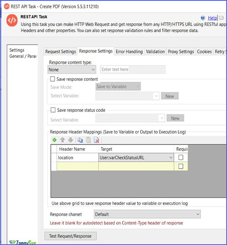 Create PDF from the Uploaded File - Response Settings tab