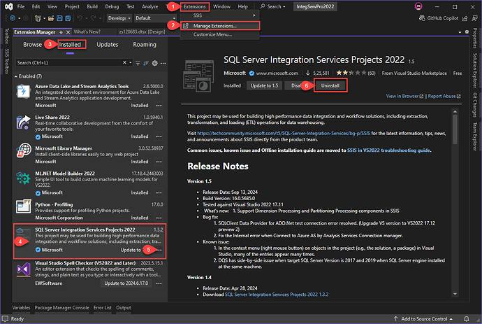 Uninstalling SSIS from Visual Studio