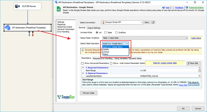 API destination configuration