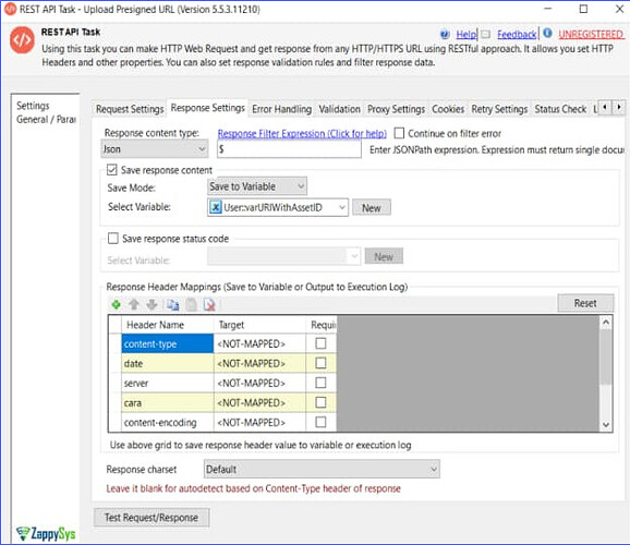 Upload Presigned URL - Response Settings tab