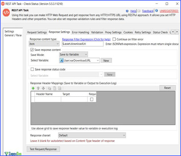 Check Status - Response Settings tab