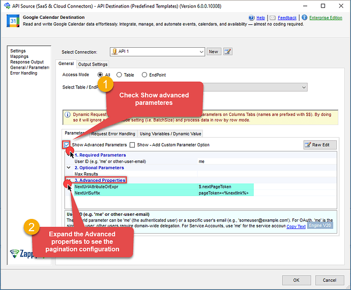 Google Calendar connector - Pagination options