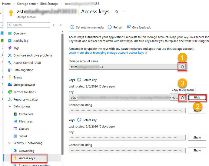 Azure Storage Account - Obtain Access Key for Connection / API calls