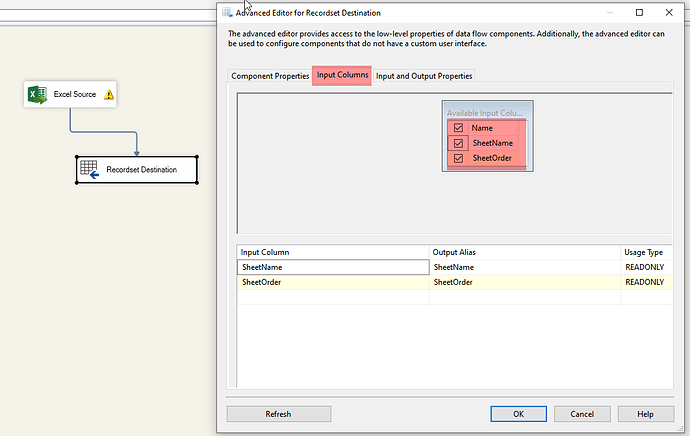 Advanced Editor for Recordset Destination - Input Columns tab - Select columns