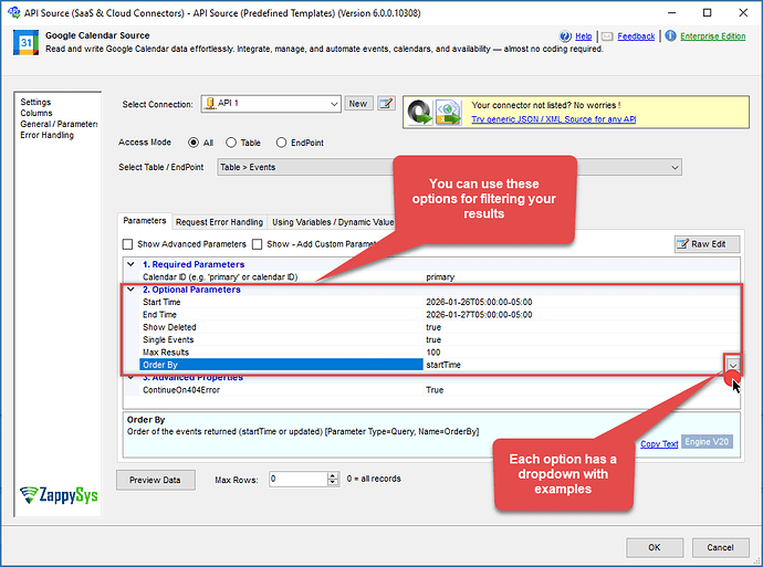Google Calendar connector - filtering options