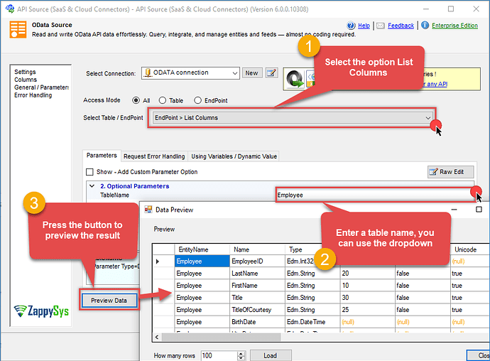 OData connector - List Columns