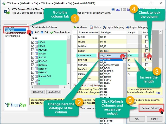 CSV source - Column tab configuration