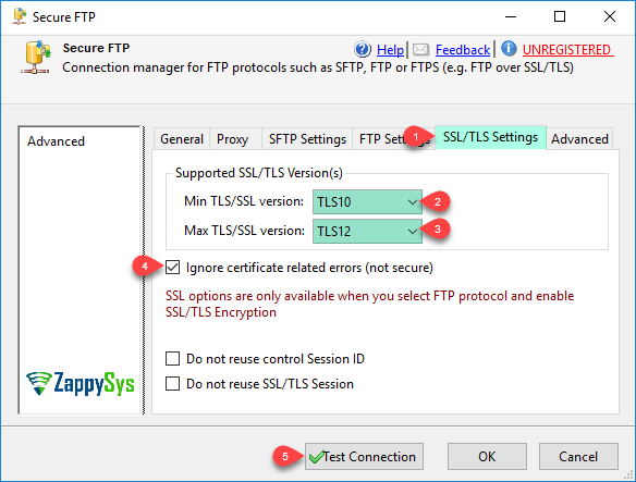 SFTP connection SSL/TLS tab