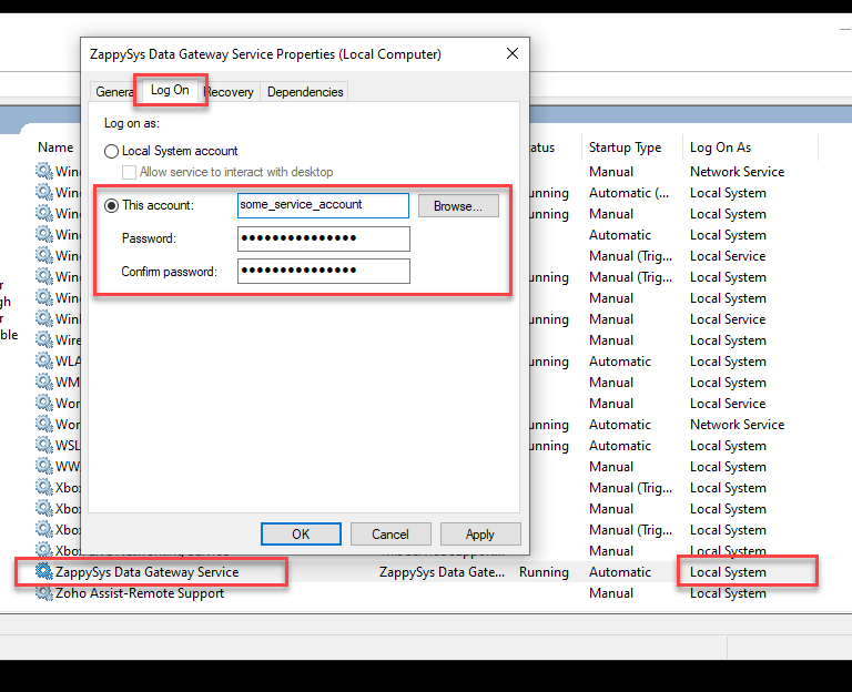 Running service under a different account