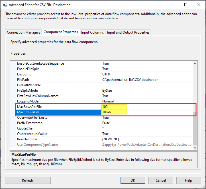 CSV destination set row/size