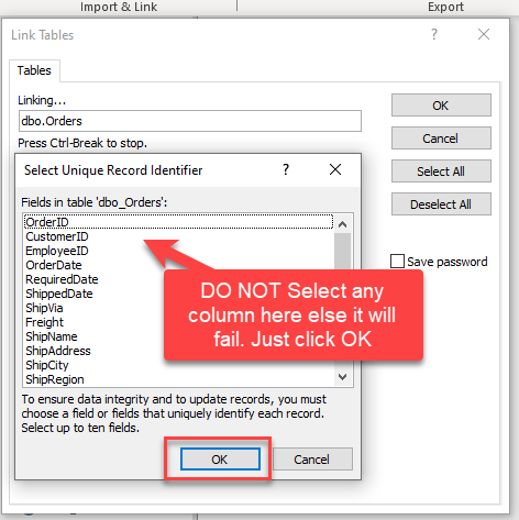 MS Access Linked Table - Key Selection