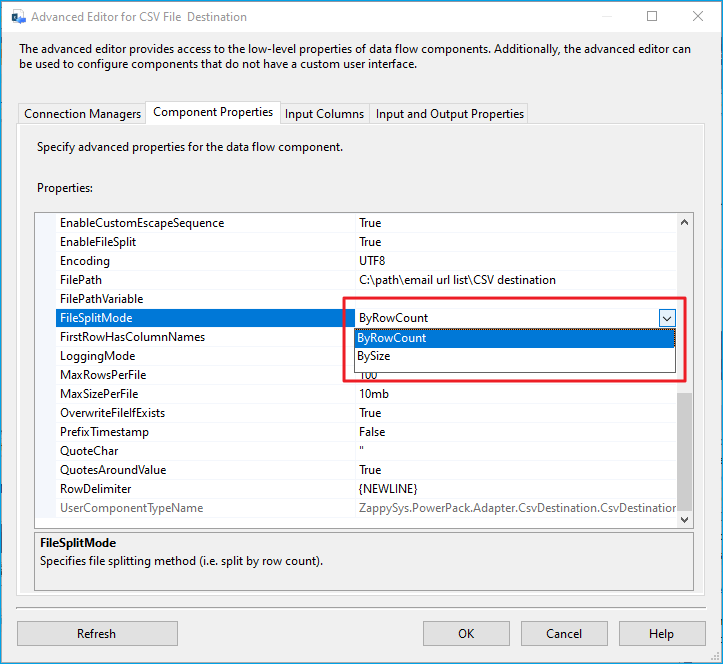 CSV destination select split mode