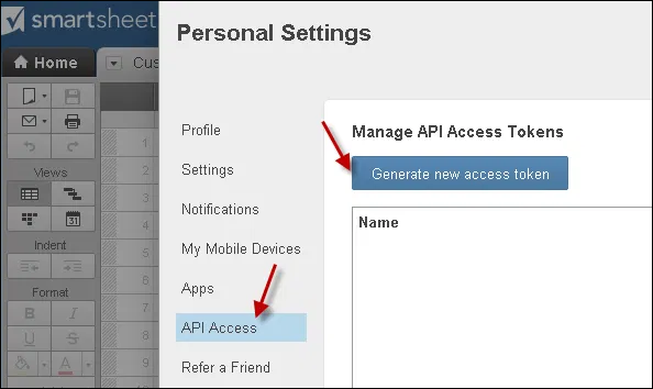 Generate new Smartsheet token (Step 2)